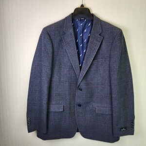 Nautica Mens Blue Glen Plaid Modern Fit Sport Coat Blazer 44R Two Button Logo